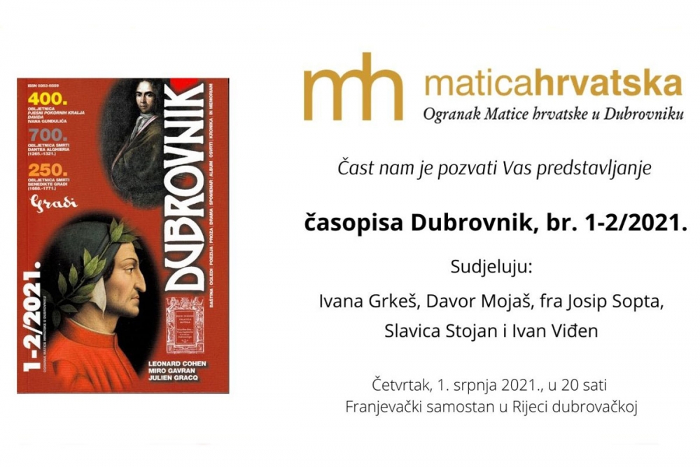Ogranak Matice hrvatske u Dubrovniku poziva na predstavljanje novog broja časopisa Dubrovnik