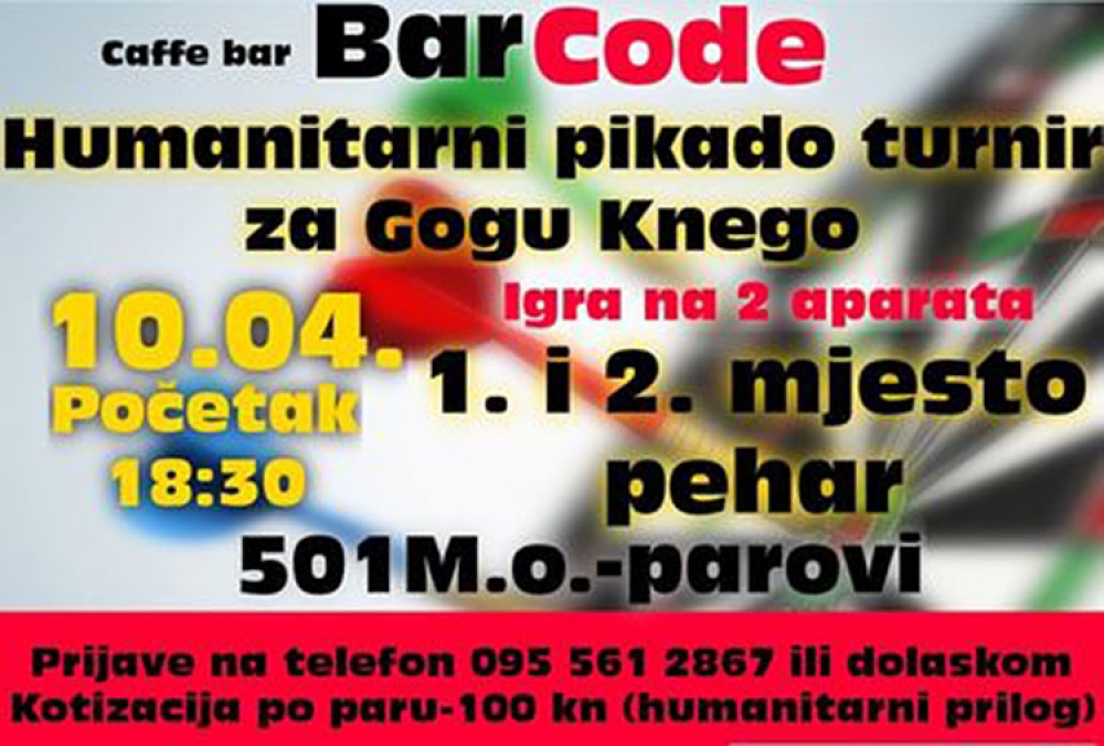U sklopu proslave godi&scaron;njice Caffe bara BarCode večeras humanitarni turnir u pikadu za Gogu Knego