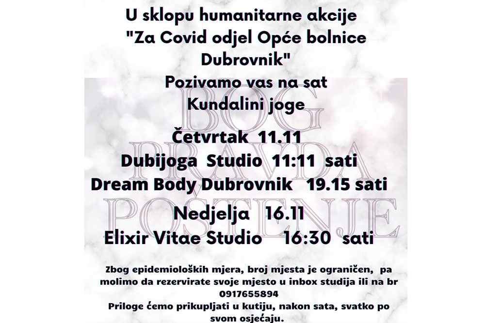 Humanitarna akcija za COVID odjel u Općoj bolnici Dubrovnik putem satova kundalini joge