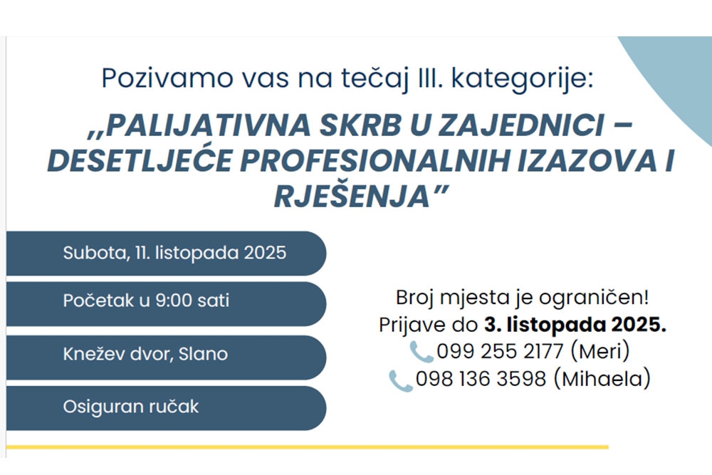 Dom zdravlja Dubrovnik - Tečaj; Palijativna skrb u zajednici-desetljeće profesionalnih izazova i rješenja