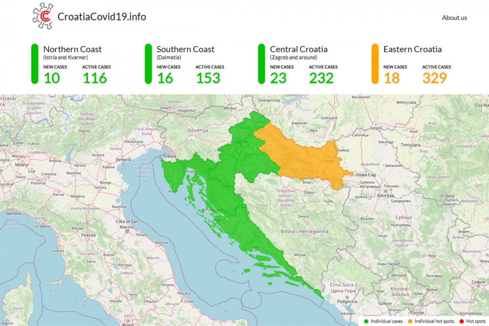 Hrvatska udruga turizma po broju slučajeva zaraze koronavirusom dijeli Hrvatsku na četiri regije
